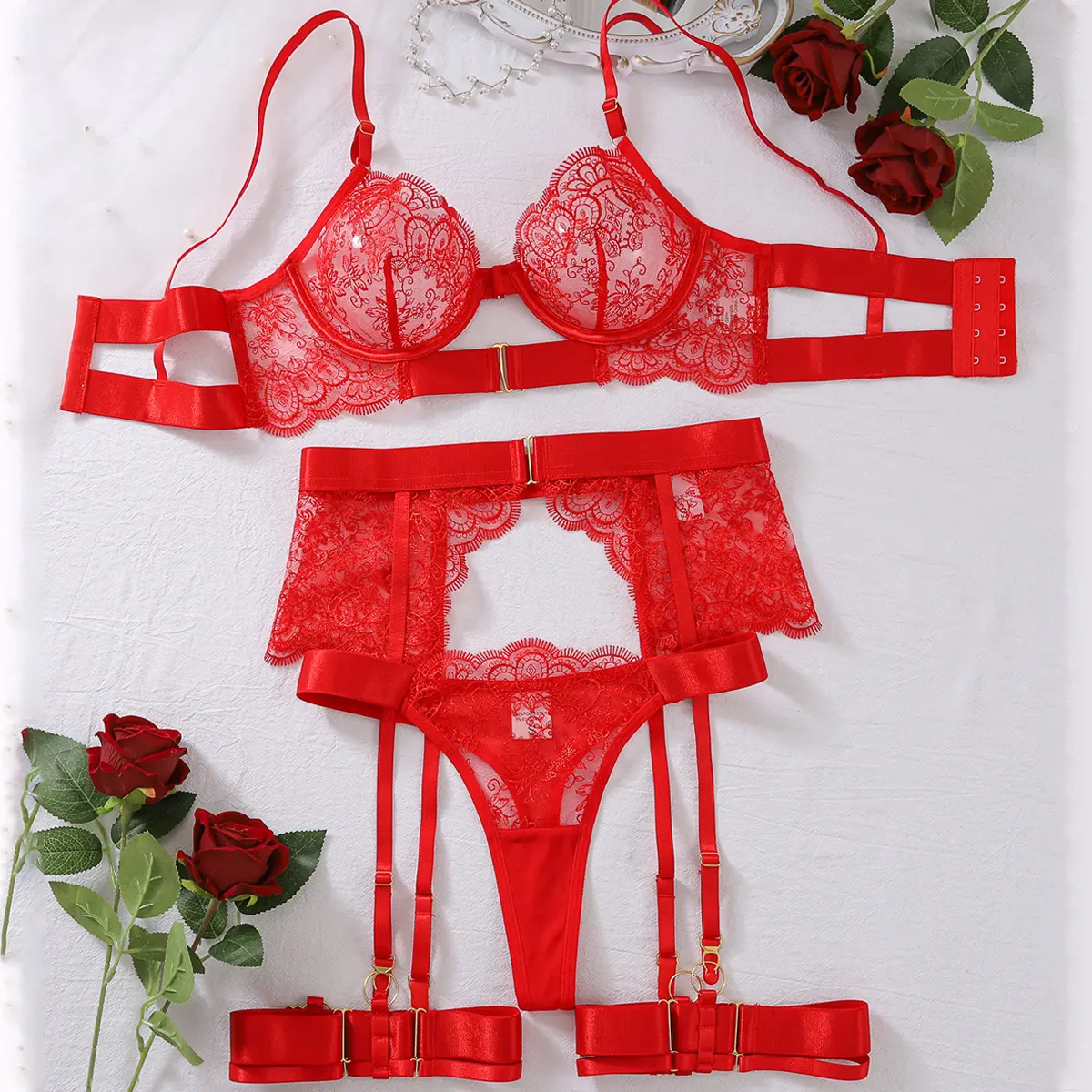 Women Sexy Lingerie Set Lace Bra and Brief with Garter and Leg Ring Set Underwear Romantic Hot Bilizna See Through Outfits Hot