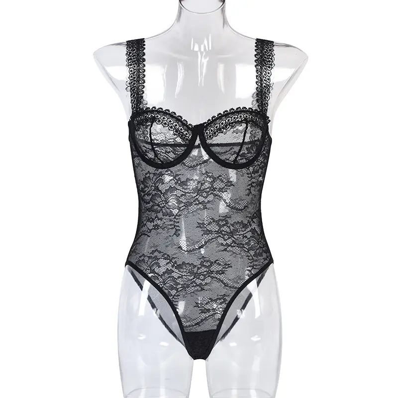 Sheer Lace Lingerie Underwear Playsuits Ladies Strap Floral Transparent Sexy Bodysuits French Style Sensual Porn Nightwear