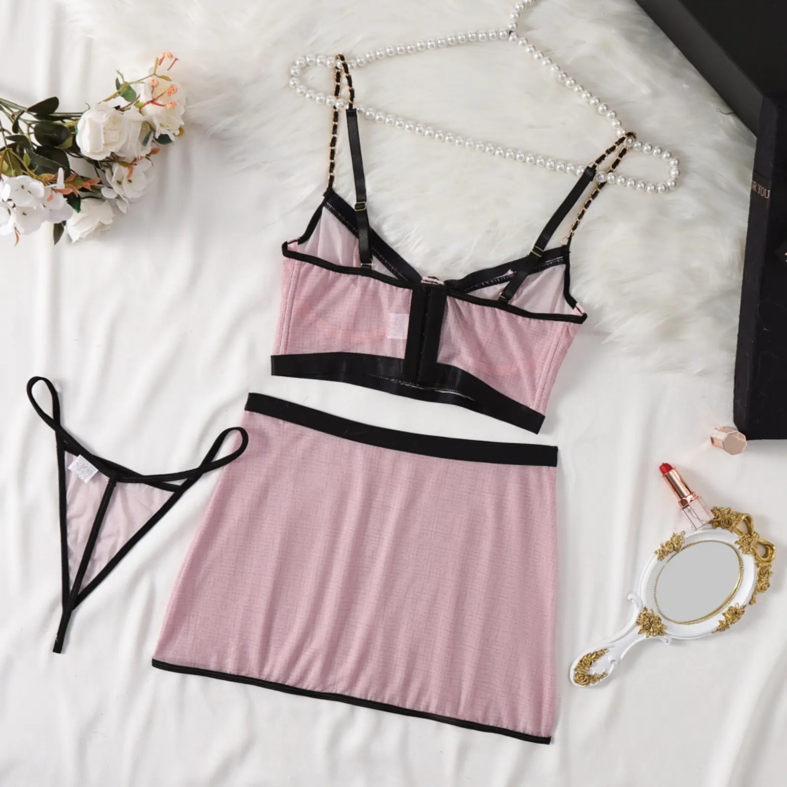 Women's 3 Piece Lingerie Set Sleeveless Button Front Bra Top and Mini Skirt Set with G-String Thongs Sexy Exotic Sets