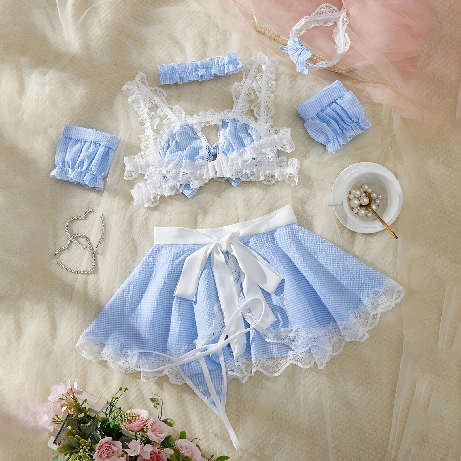 Women's Maid Lingerie Set Sleeveless Plaid Print Bow and Panty Apron Skirt Set Sexy Ladies Exotic Nightwear