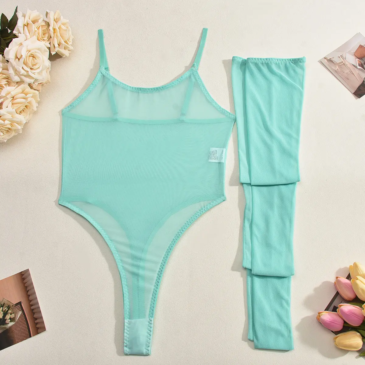Women's Erotic Naughty Lingerie Sleeveless Solid Color Sheer Cami Bodysuit with Stockings Sexy Ladies Exotic Sets