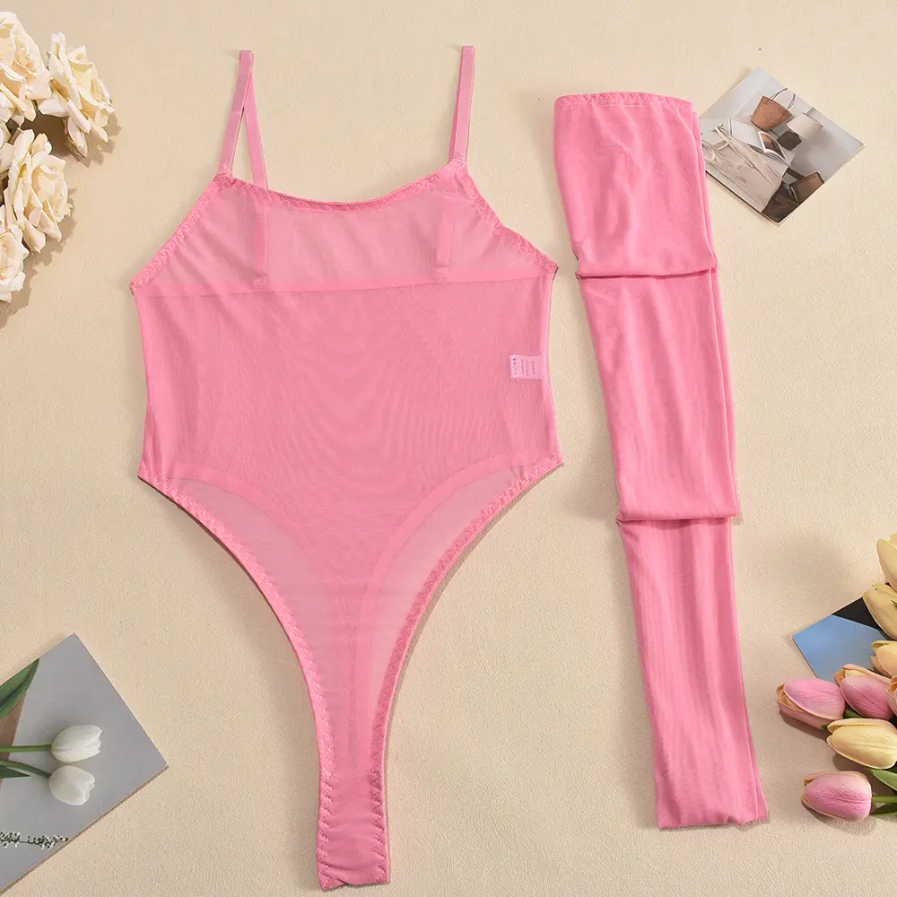 Women's Erotic Naughty Lingerie Sleeveless Solid Color Sheer Cami Bodysuit with Stockings Sexy Ladies Exotic Sets