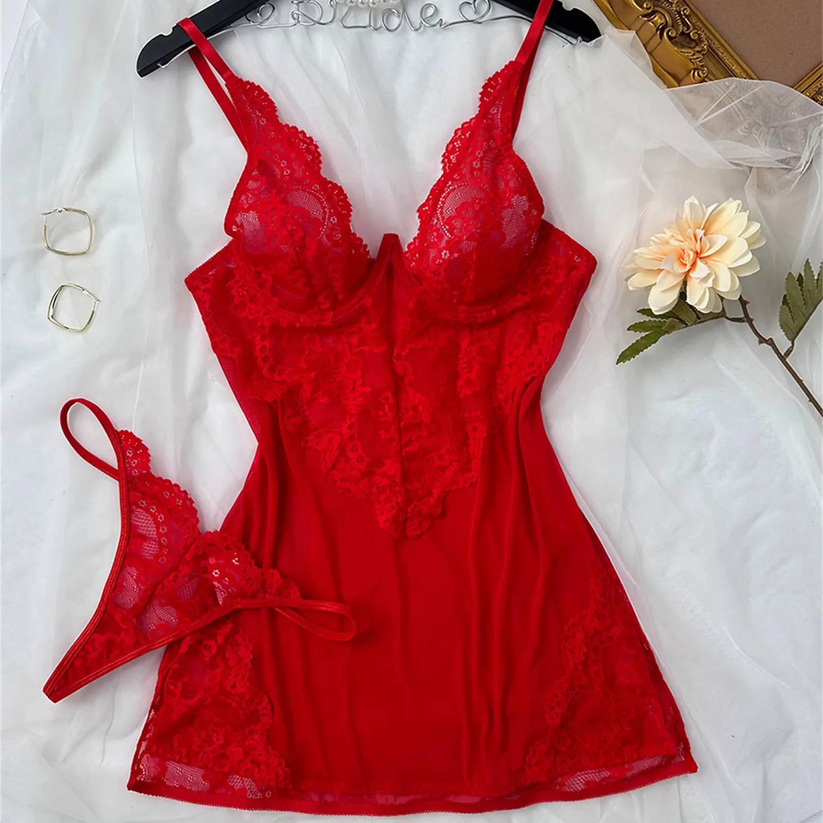 Women Mesh Babydoll Lingerie Naughty Lace Patchwork Split Underwire Nightgown and Panty Set for Sleepwear Nightwear