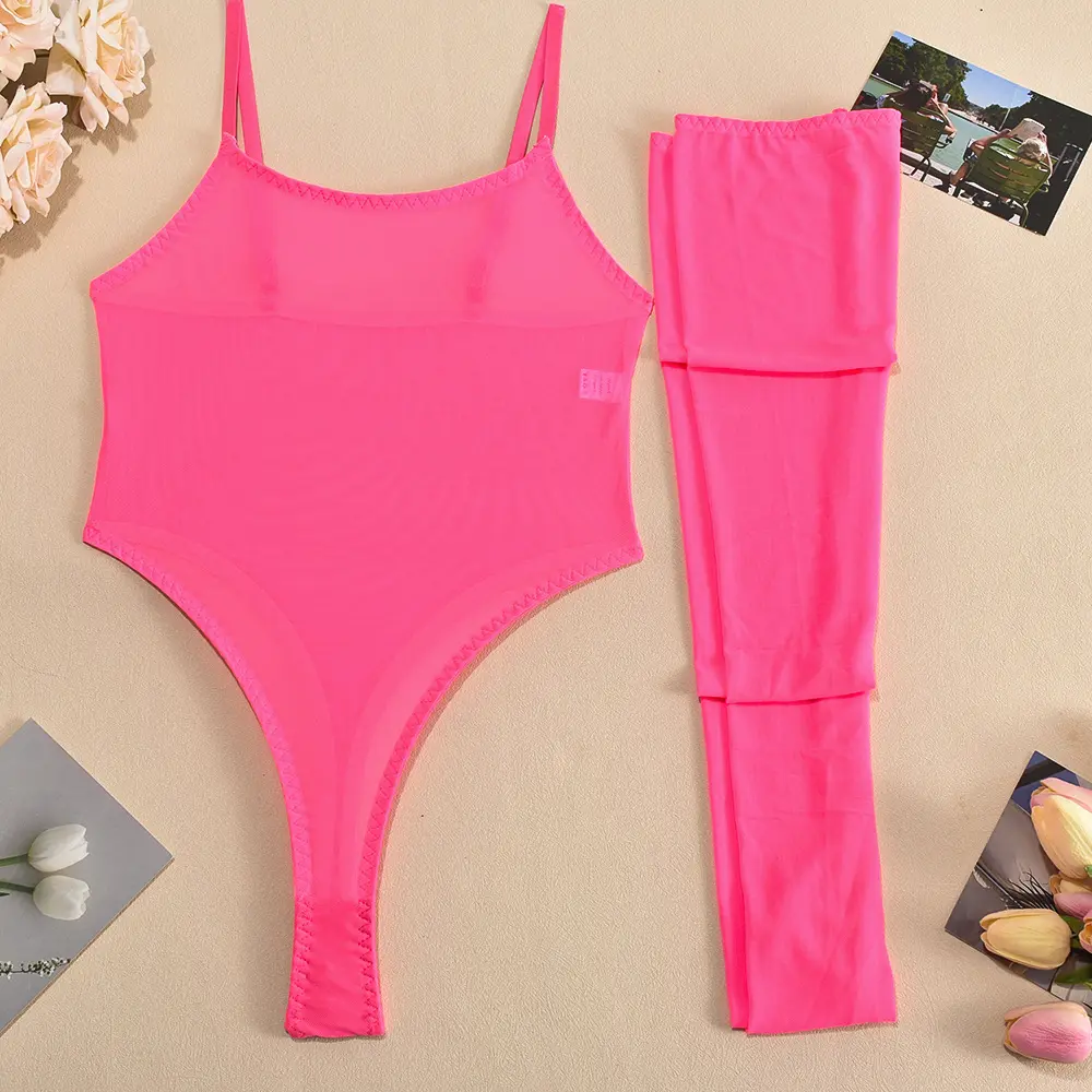 Women's Erotic Naughty Lingerie Sleeveless Solid Color Sheer Cami Bodysuit with Stockings Sexy Ladies Exotic Sets