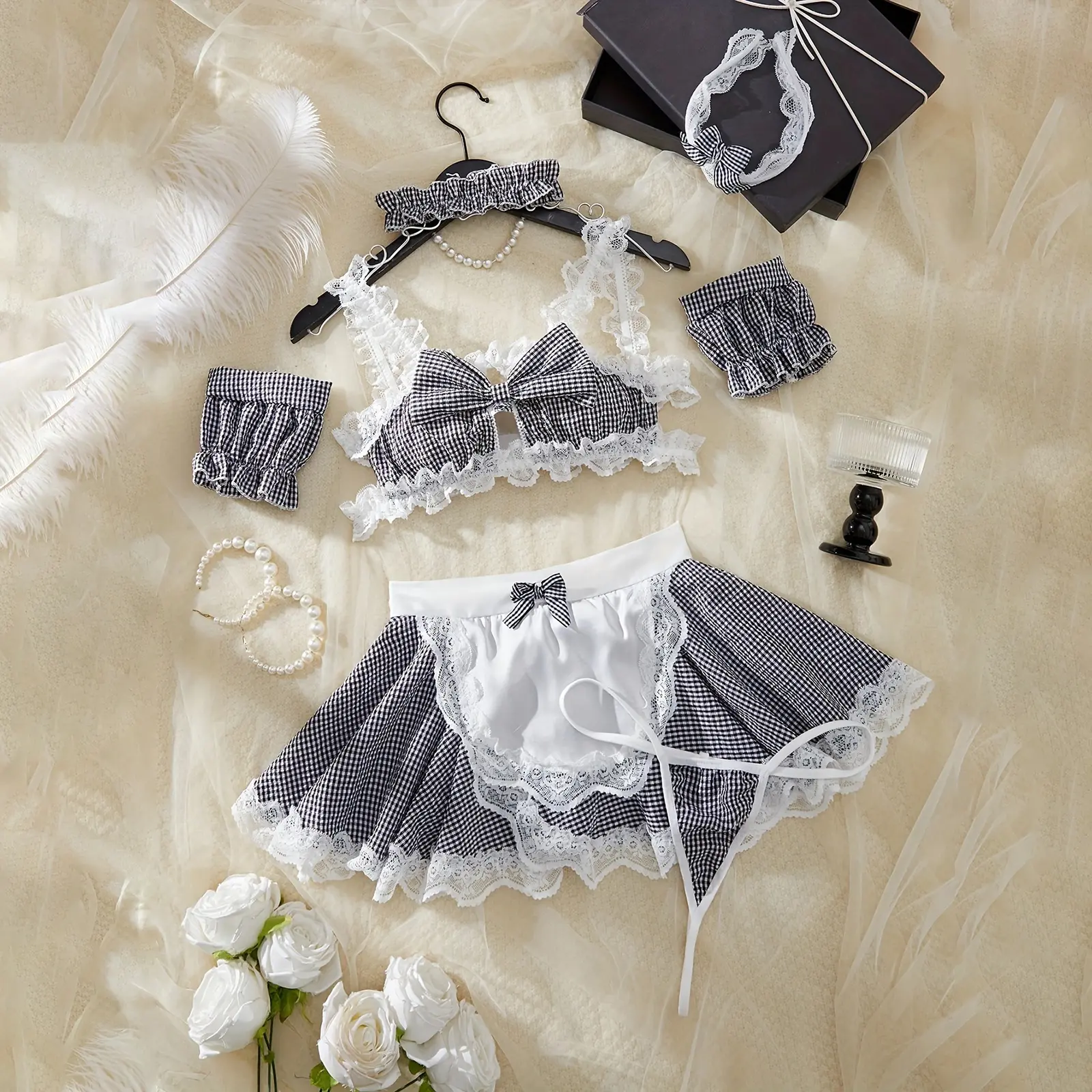 Women's Maid Lingerie Set Sleeveless Plaid Print Bow and Panty Apron Skirt Set Sexy Ladies Exotic Nightwear