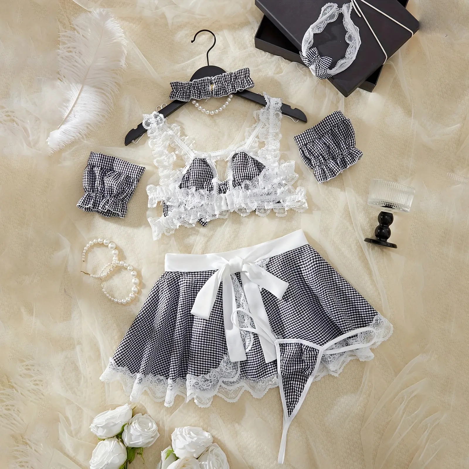 Women's Maid Lingerie Set Sleeveless Plaid Print Bow and Panty Apron Skirt Set Sexy Ladies Exotic Nightwear