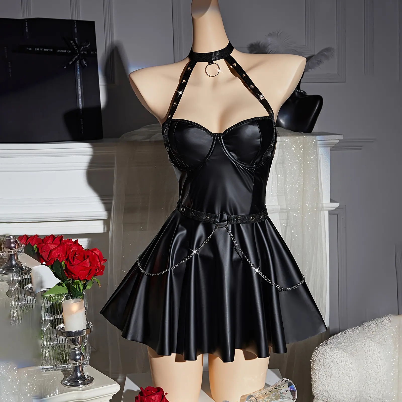 Sexy Women's Lingerie Set Cutout Metal Ring Chain Halter Neck Mini Babydoll Leather Dress with Thong 2 Pcs Set