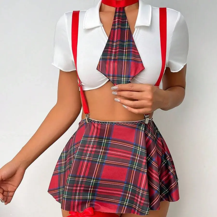 Sexy Women's 5 Piece Cosplay Lingerie Set Short Sleeve Crop Top and Panty Set with Necktie Skirt Set School Girl Outfit