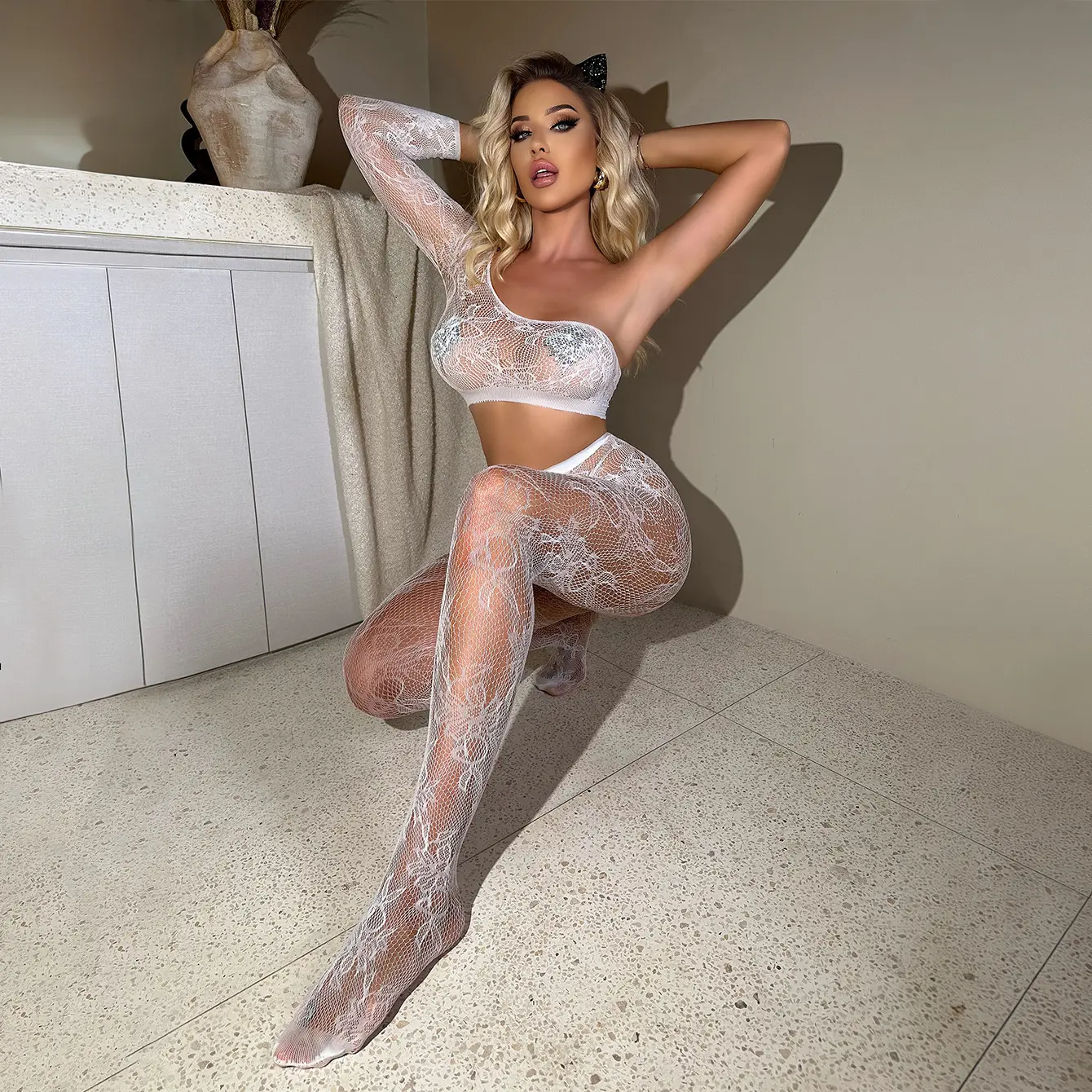 Womens Lingerie Set Uniform Temptation Hollow Out Bikini Jacquard Pantyhose Two Sets Seductive Fishing Net Erotic Lingerie Suits
