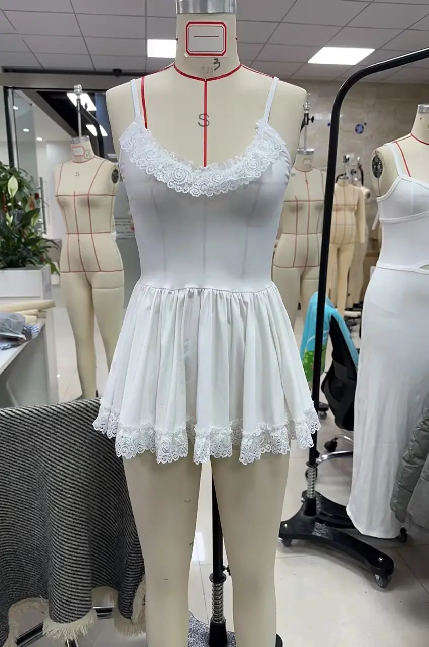 Women Sexy Nightdress White Sleeveless Backless Lace Trim Pleated Solid Sleepwear Loungewear Summer Nightgowns