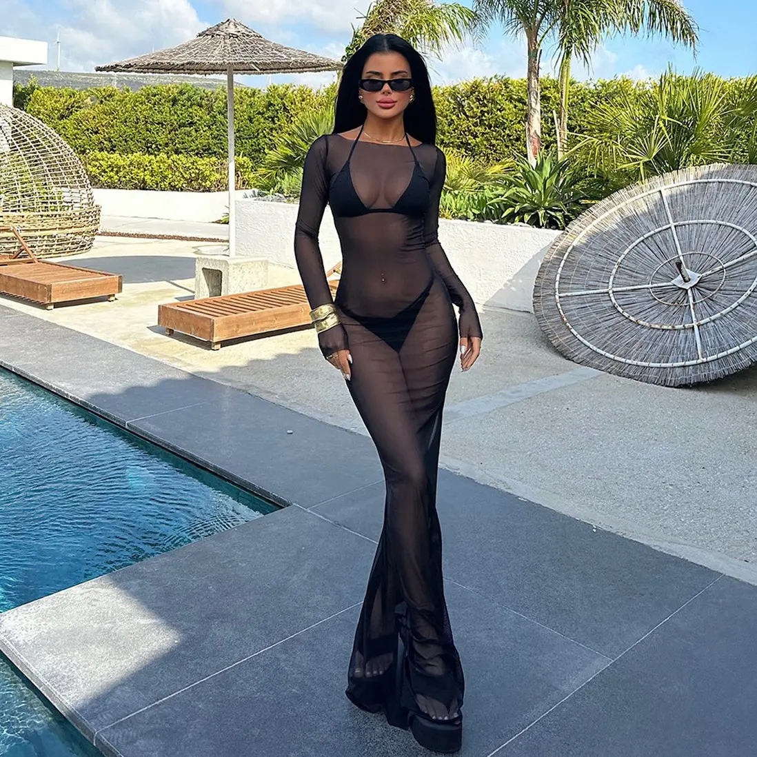 Women Slash Neck Mesh See-Through Dress New Sexy Slim Pullover Long Sleeve Floor-Length Solid Dresses Beach Swimsuit Cover ups