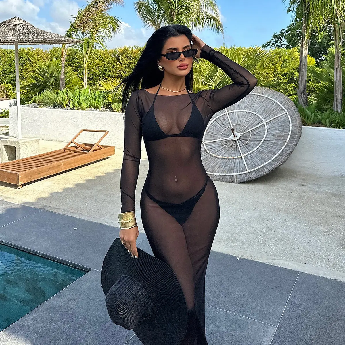 Women Slash Neck Mesh See-Through Dress New Sexy Slim Pullover Long Sleeve Floor-Length Solid Dresses Beach Swimsuit Cover ups