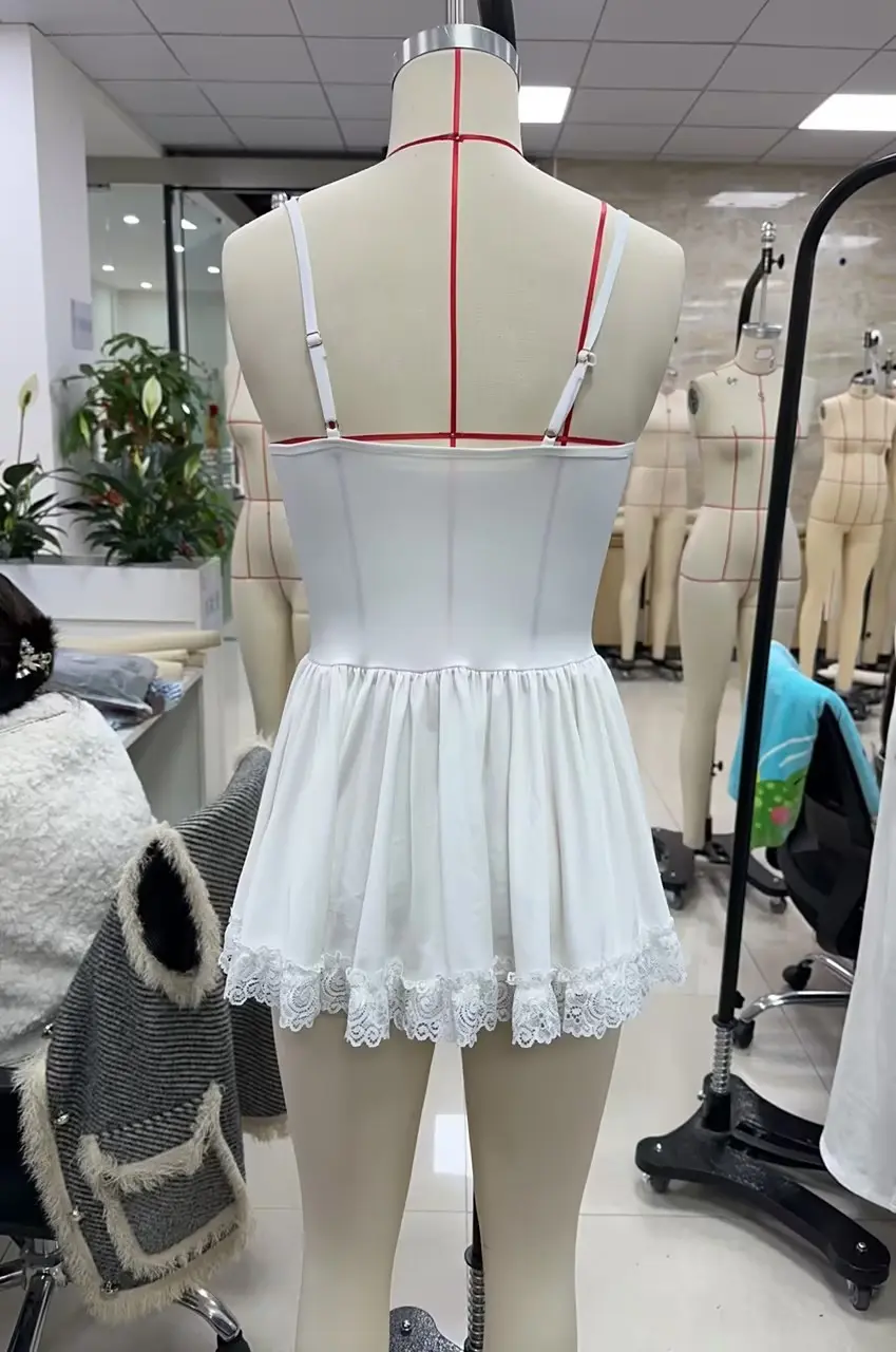 Women Sexy Nightdress White Sleeveless Backless Lace Trim Pleated Solid Sleepwear Loungewear Summer Nightgowns