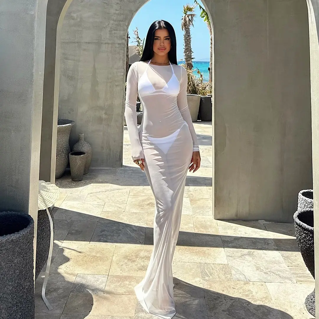 Women Slash Neck Mesh See-Through Dress New Sexy Slim Pullover Long Sleeve Floor-Length Solid Dresses Beach Swimsuit Cover ups