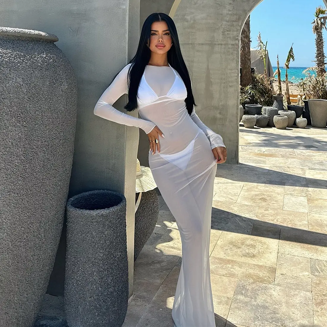 Women Slash Neck Mesh See-Through Dress New Sexy Slim Pullover Long Sleeve Floor-Length Solid Dresses Beach Swimsuit Cover ups