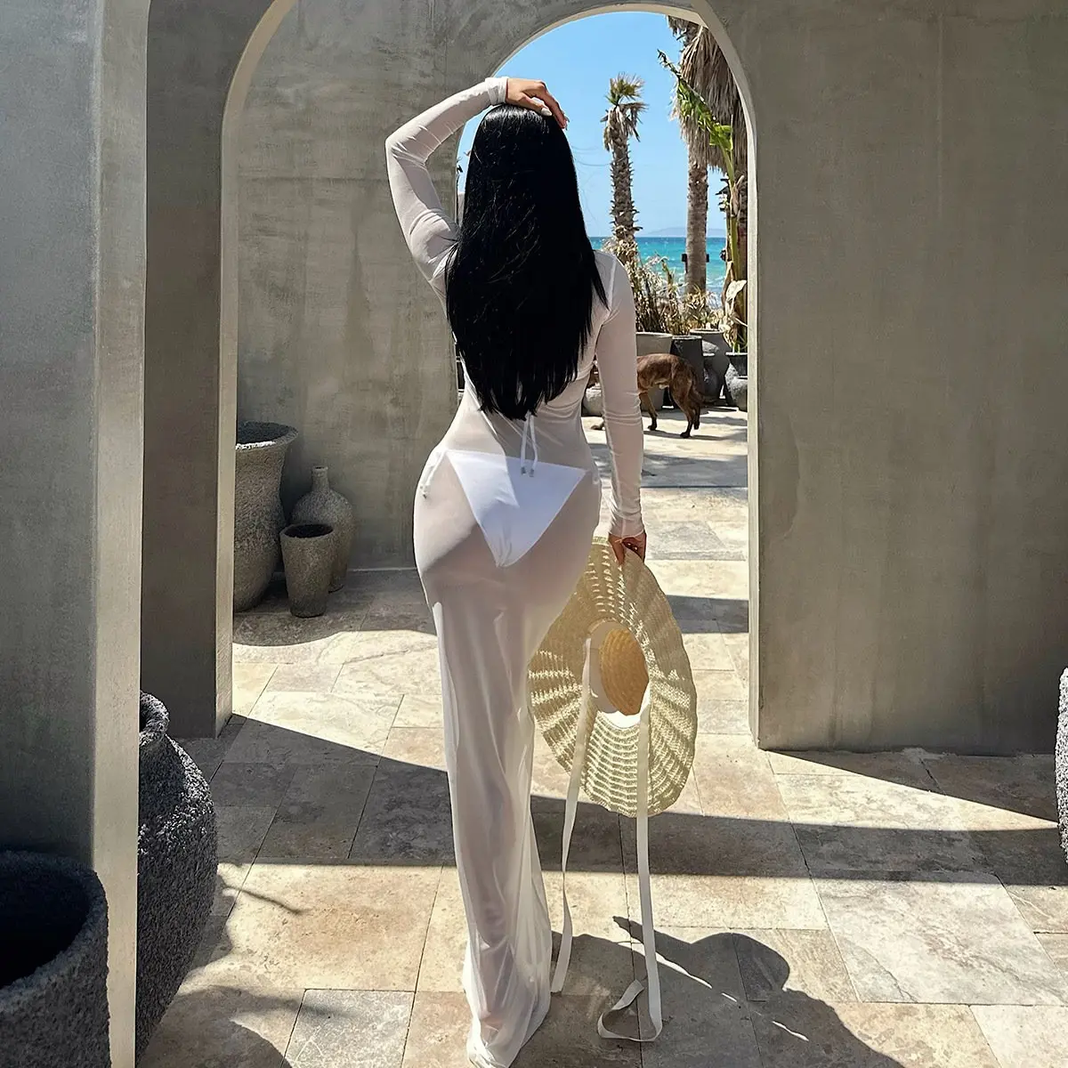 Women Slash Neck Mesh See-Through Dress New Sexy Slim Pullover Long Sleeve Floor-Length Solid Dresses Beach Swimsuit Cover ups