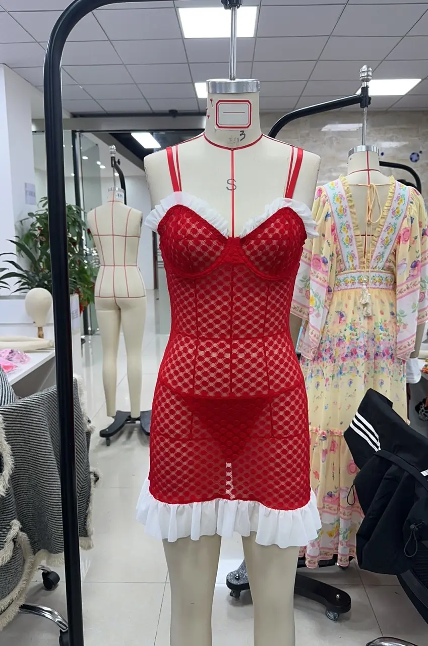 Women's Lingerie Set Sheer See Through Ruffled Trim Spaghetti Straps Mini Babydoll Dress with Thong 2 Pcs Set Sleepwear
