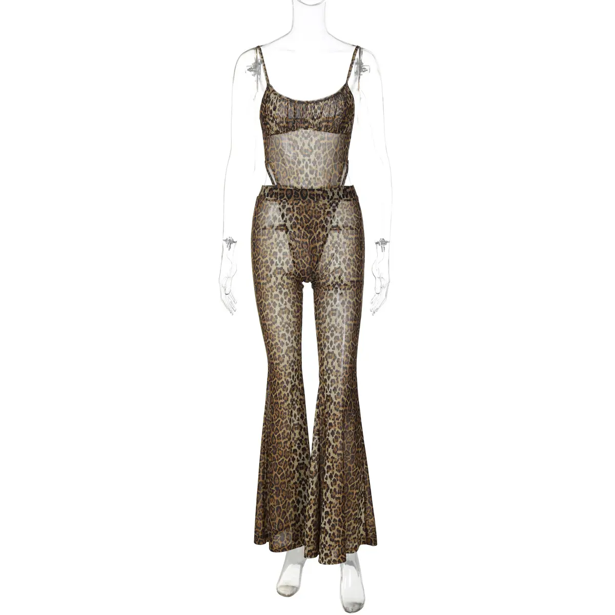 Women’s Leopard Sexy Vintage 2 Piece Pants Set Sleeveless Cami Bodysuit and Flare Pants Matching Set Party Clubwear