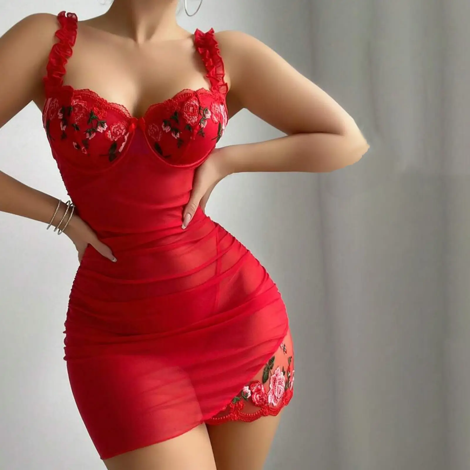 Women Naughty Mesh Lingerie Floral Embroidery Sheer Ruched Nightgown and Thong for Exotic Sleepwear Nightwear