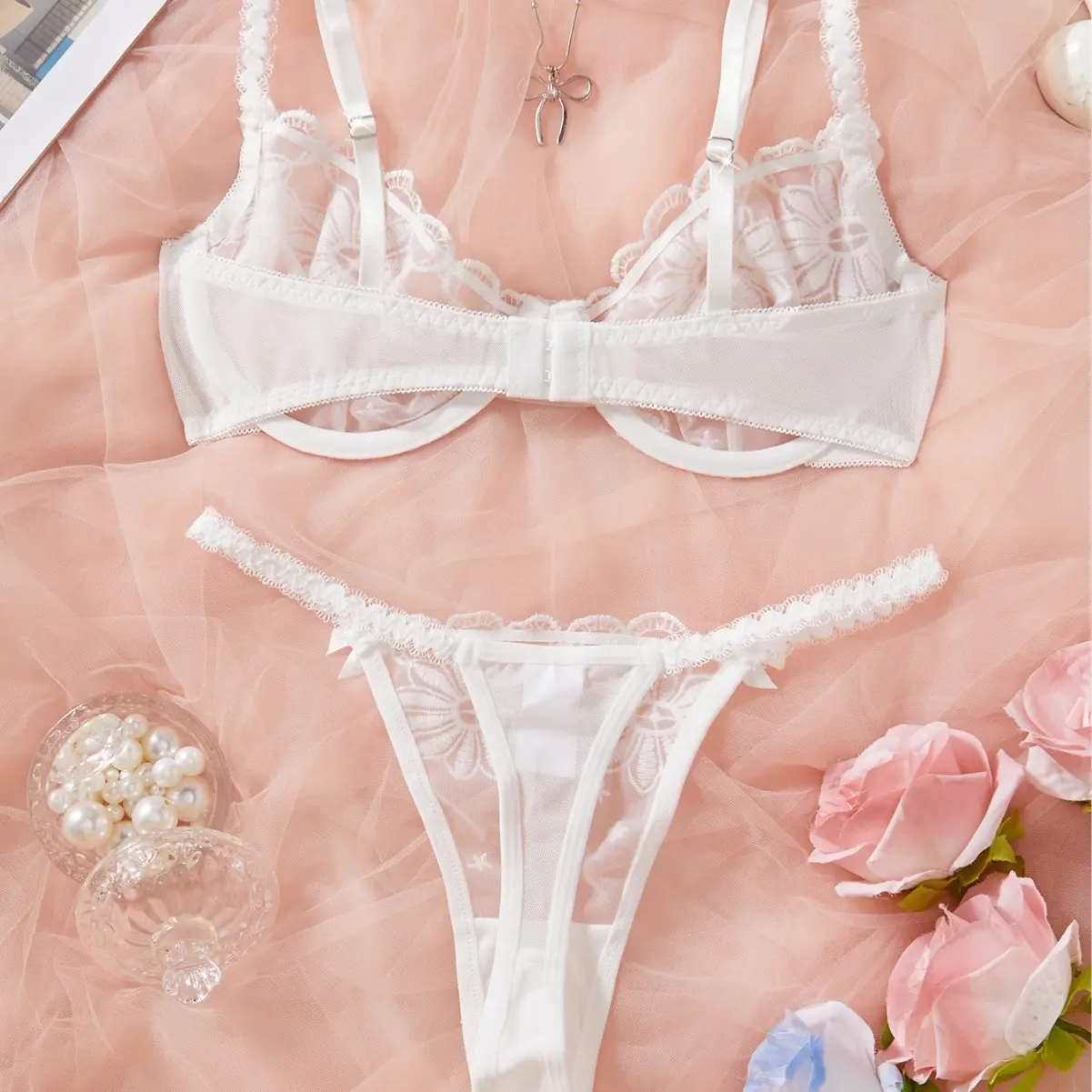 Women Lace Lingerie Set Flower Bra and Panty Set Low Waist Ladies 2-piece Underwear Sexy Exotic Sets