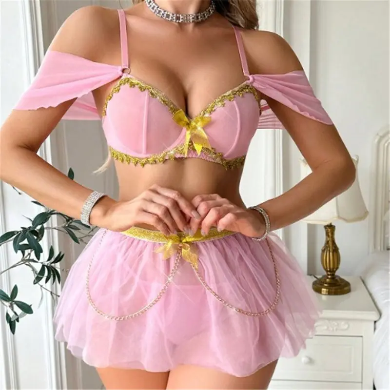Women's Naughty Lingerie Sets Short Sleeve Cold Shoulder Crop Tops Mesh Skirt Thong Sleepwear Sexy Exotic Apparel
