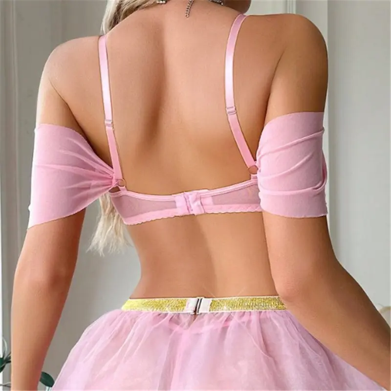 Women's Naughty Lingerie Sets Short Sleeve Cold Shoulder Crop Tops Mesh Skirt Thong Sleepwear Sexy Exotic Apparel