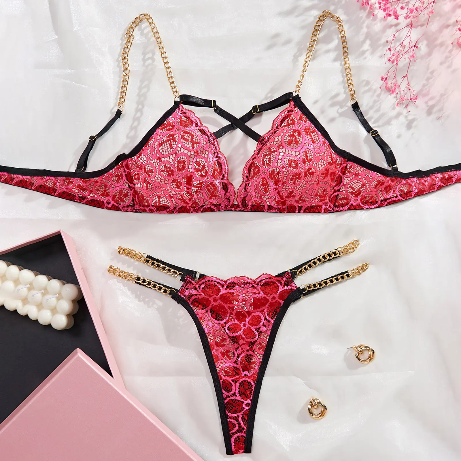 Women's Lace Lingerie Set Flower Deep V Neck Chain Spaghetti Strap Tops G-string Thongs for Bedroom Party