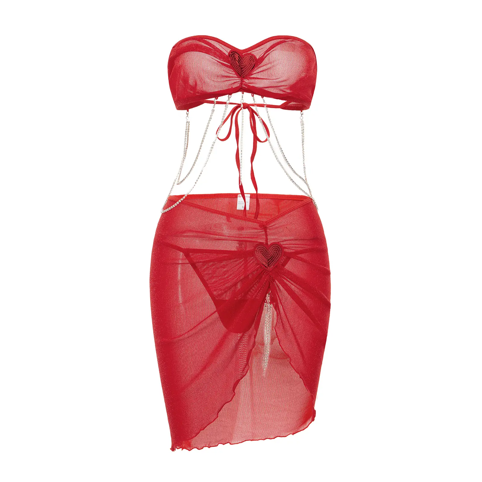 Women Valentines Day Outfit Heart Rhinestone Tassel Off Shoulder Tube Tops Low Rise Skirt 2Pcs Lingerie Set