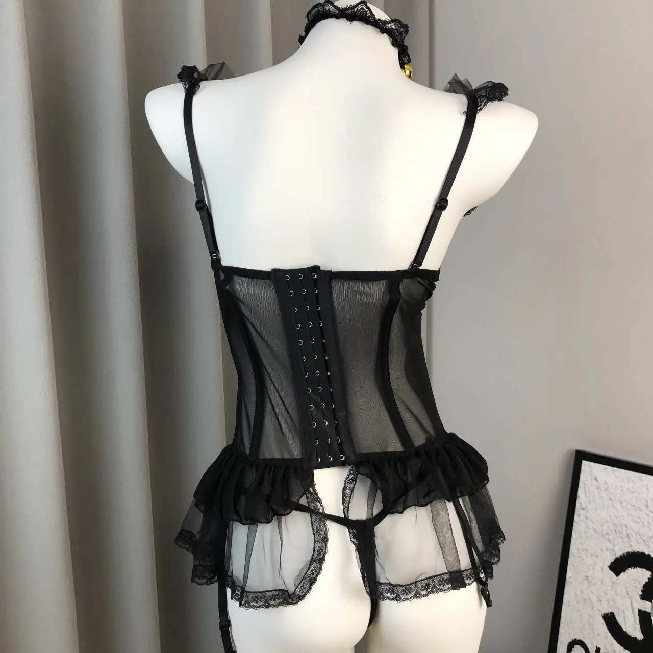 Women's 3Piece Ruffled Lingerie Set See-through Lace Sheer Corset Camisoles + Thong + Choker with Bell Night Suit