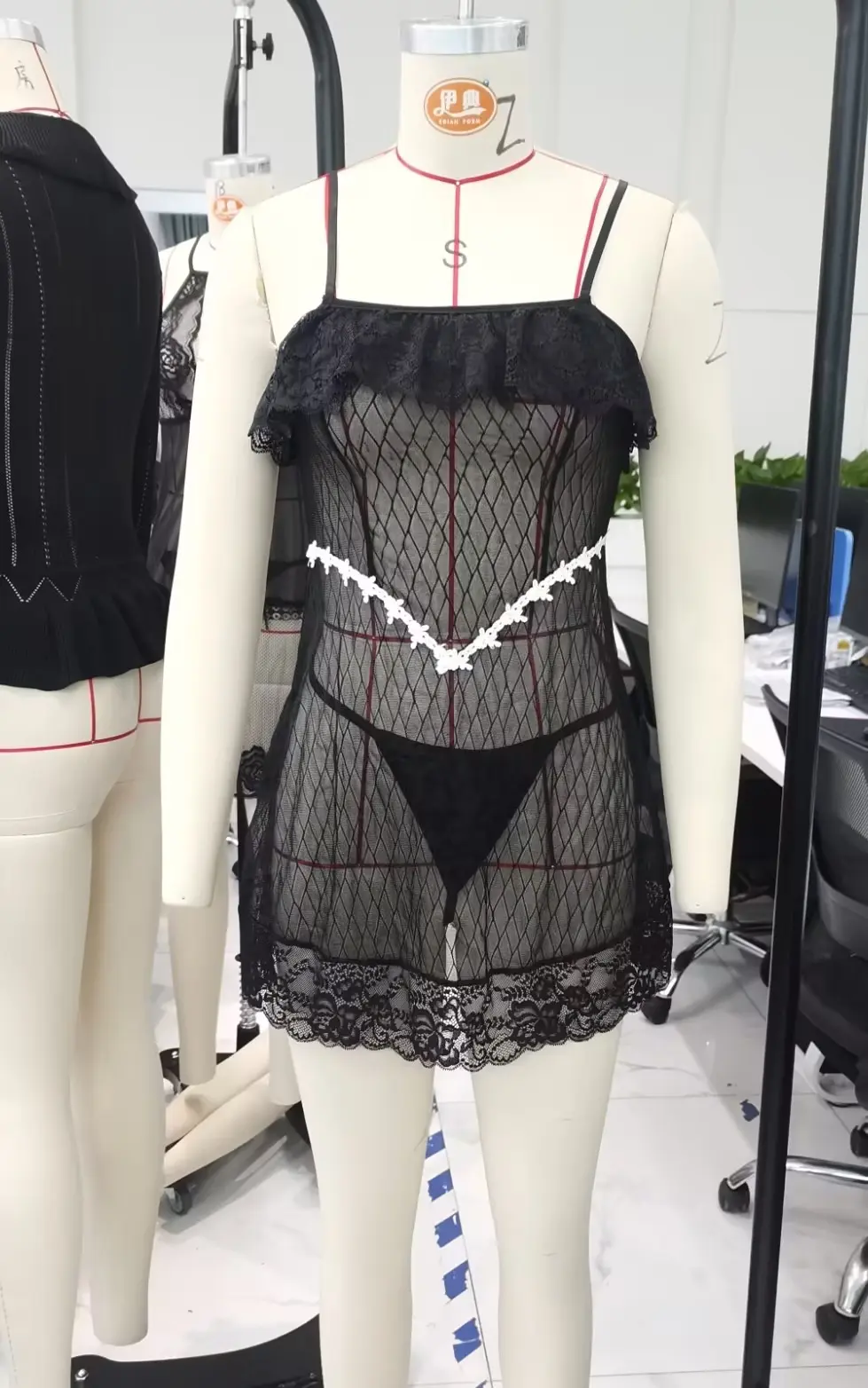 Sexy Women's 2 Piece Mesh Lingerie Set Sleeveless Fishnet Babydoll Chemise + G-String Thongs Exotic Nightwear