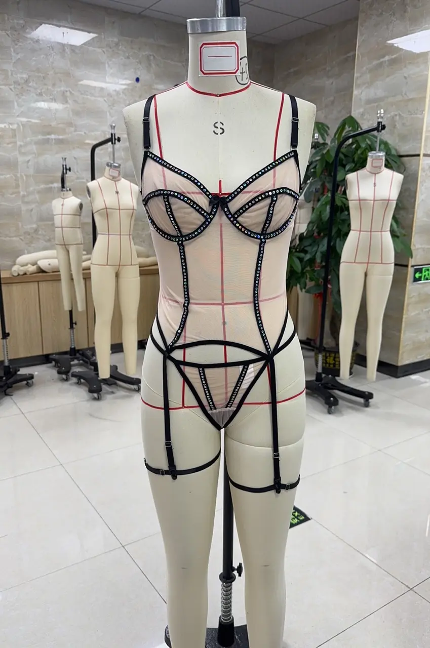 Women's Lingerie Set Sequin V Neck See Through Spaghetti Strap Tops with Leg Rings G-string Thongs for Bedroom Party