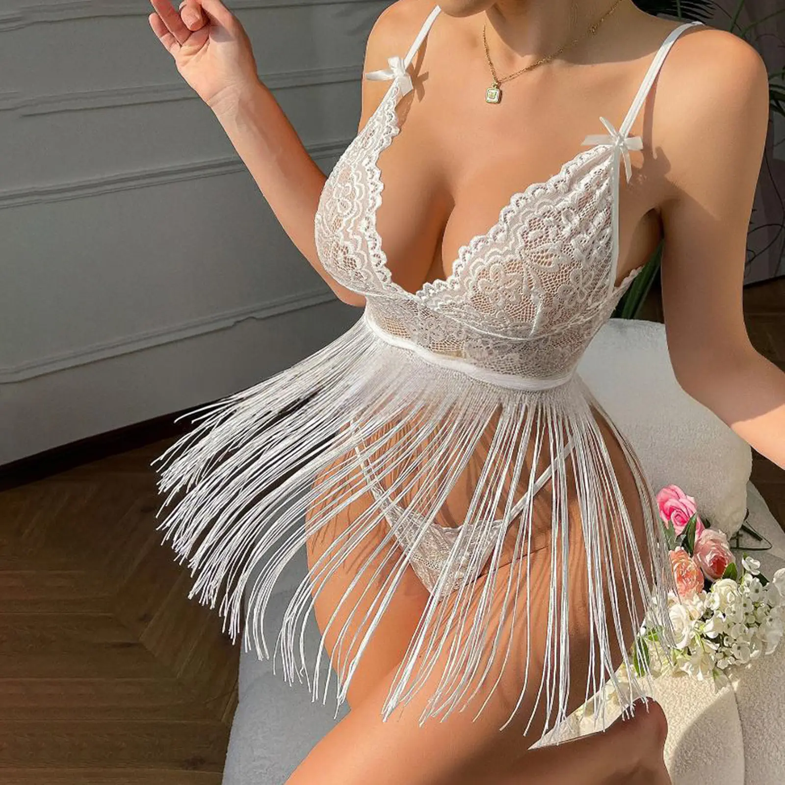 Women's Lace Nightdress Tassel Mini Cami Dress Sleepwear Lingerie Chemise with Thong 2 Pcs Set Sexy Exotic Sets