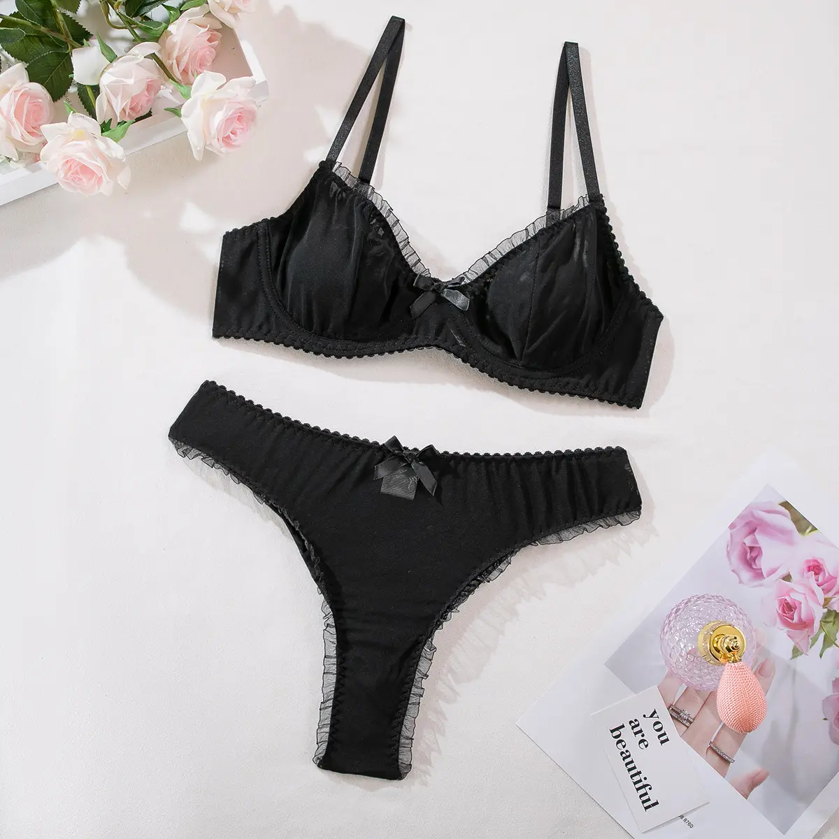 Sexy Women's Lingerie Set Sleepwear Solid Sheer See Through Naughty Babydoll Push up Bra and Thong 2 Pcs Exotic Sets