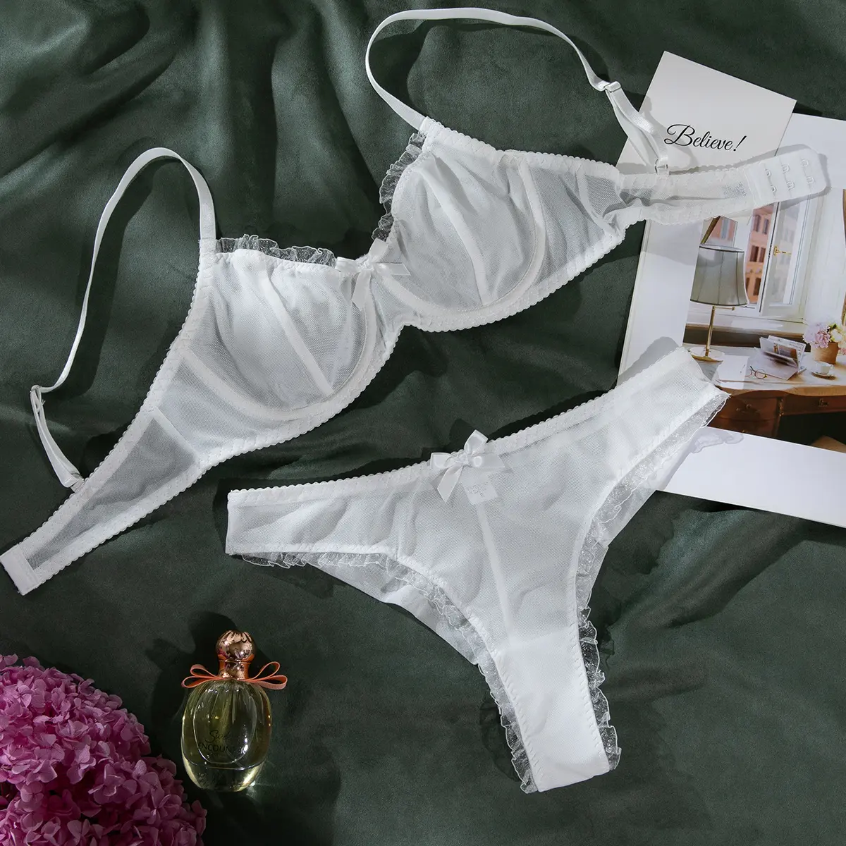 Sexy Women's Lingerie Set Sleepwear Solid Sheer See Through Naughty Babydoll Push up Bra and Thong 2 Pcs Exotic Sets