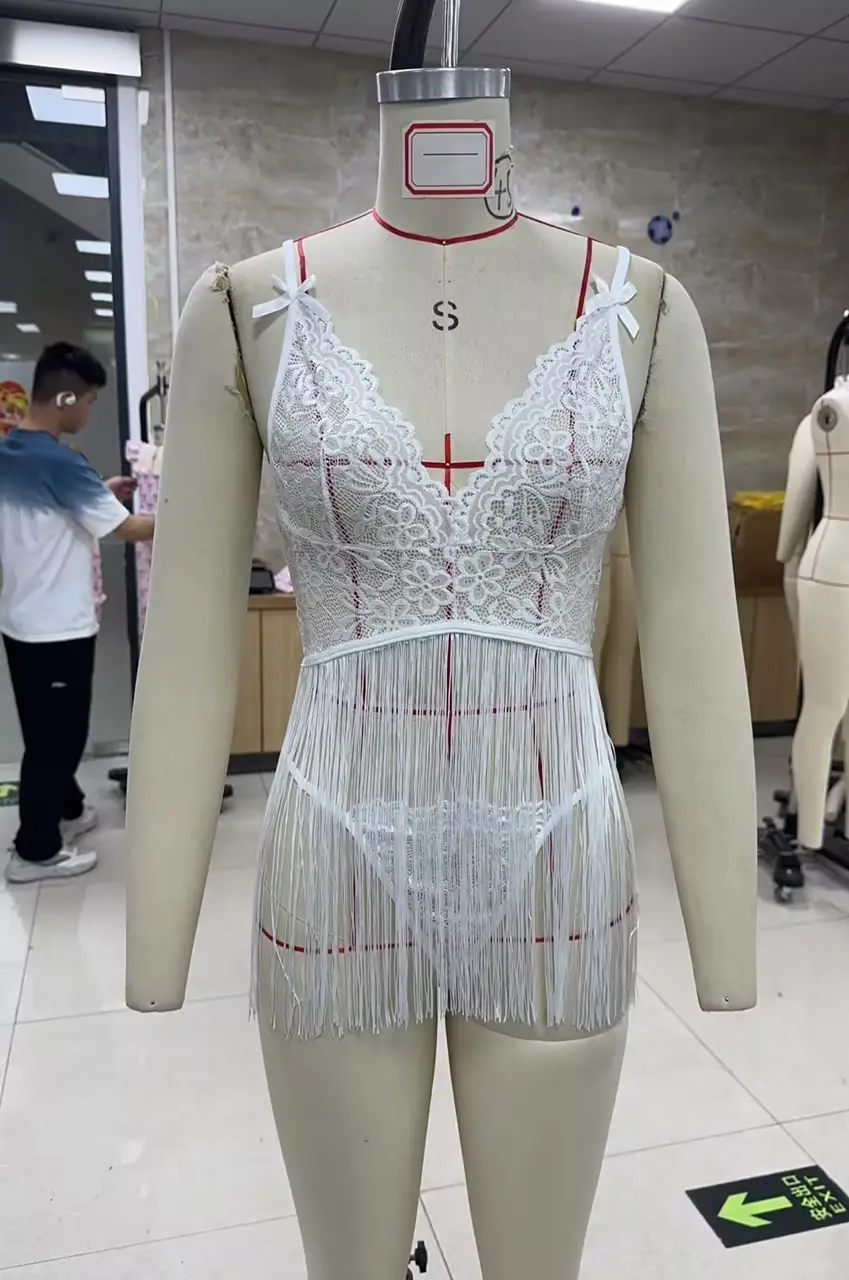 Women's Lace Nightdress Tassel Mini Cami Dress Sleepwear Lingerie Chemise with Thong 2 Pcs Set Sexy Exotic Sets