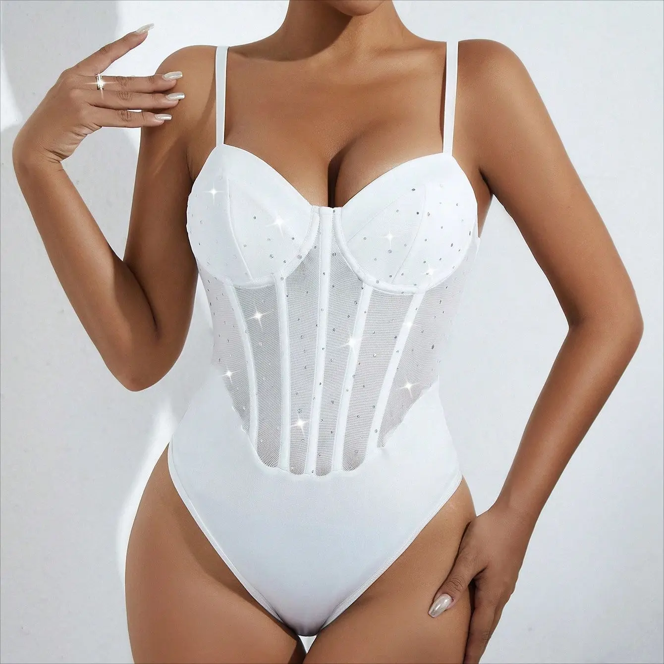 Sexy Bodysuit Women Black White Red Bodycon Sleeveless V Neck Sequin Bodysuits Overalls Tops Body Suit Y2K