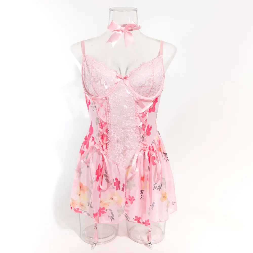 Women Naughty Babydoll Lingerie Floral Print Lace Patchwork Nightgown and Thong Bow Collar for Sleepwear Nightwear