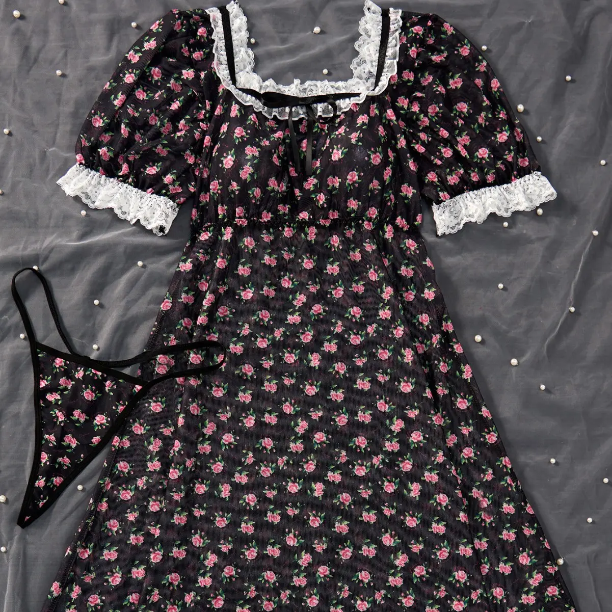 Women Lingerie Set Floral Pattern Lace Trim Short Sleeve Mini Babydoll Dress with Thong 2 Pcs Exotic Sets Sleepwear