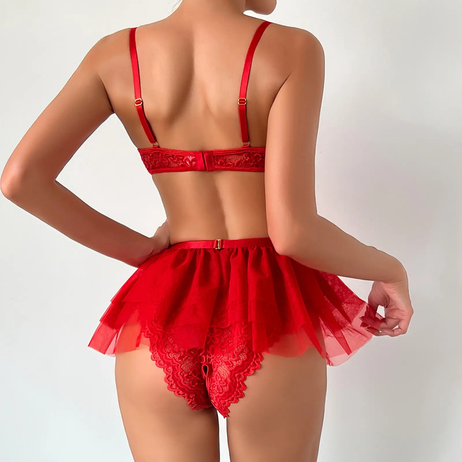 Lace sexy Lingerie Set Women 2-Piece Red Backless Bodysuit Mesh Ball Gown Bow Panty Intimates Valentine Day Erotic Underwear