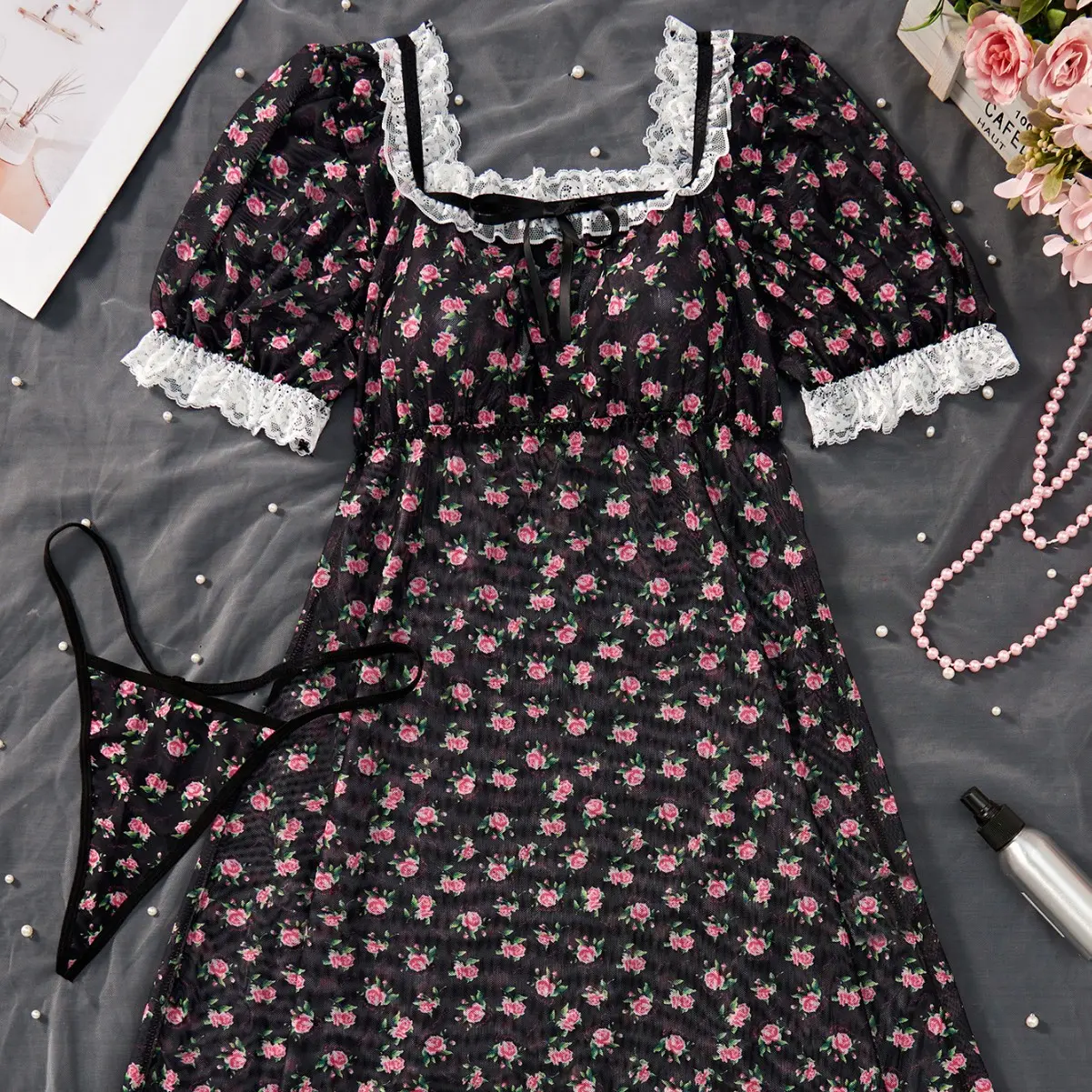 Women Lingerie Set Floral Pattern Lace Trim Short Sleeve Mini Babydoll Dress with Thong 2 Pcs Exotic Sets Sleepwear