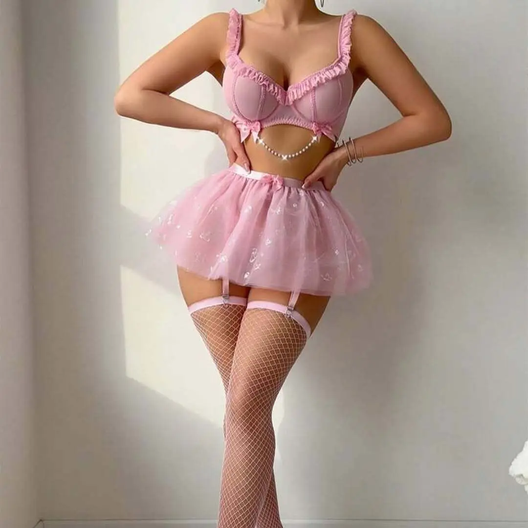 Beads Chain Patchwork Lingerie Set Floral Edge Women Front Bowknot Erotic Underwear Shiny Butterfly Mesh Sheer Exotic Intimate
