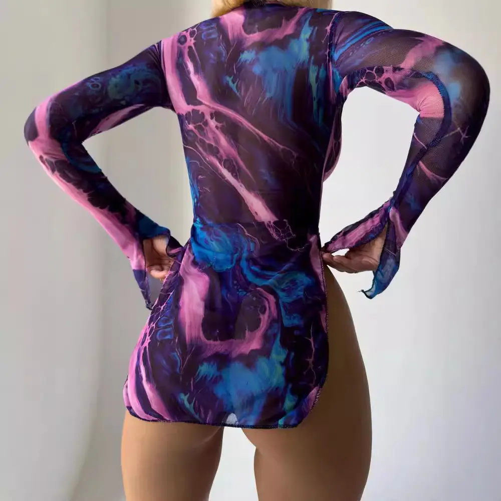 Women Tie-Dye Sheer Mesh Dress Sexy Ladies Slim Mock Neck Long Sleeve High Split Mini Dress with G-String Thongs
