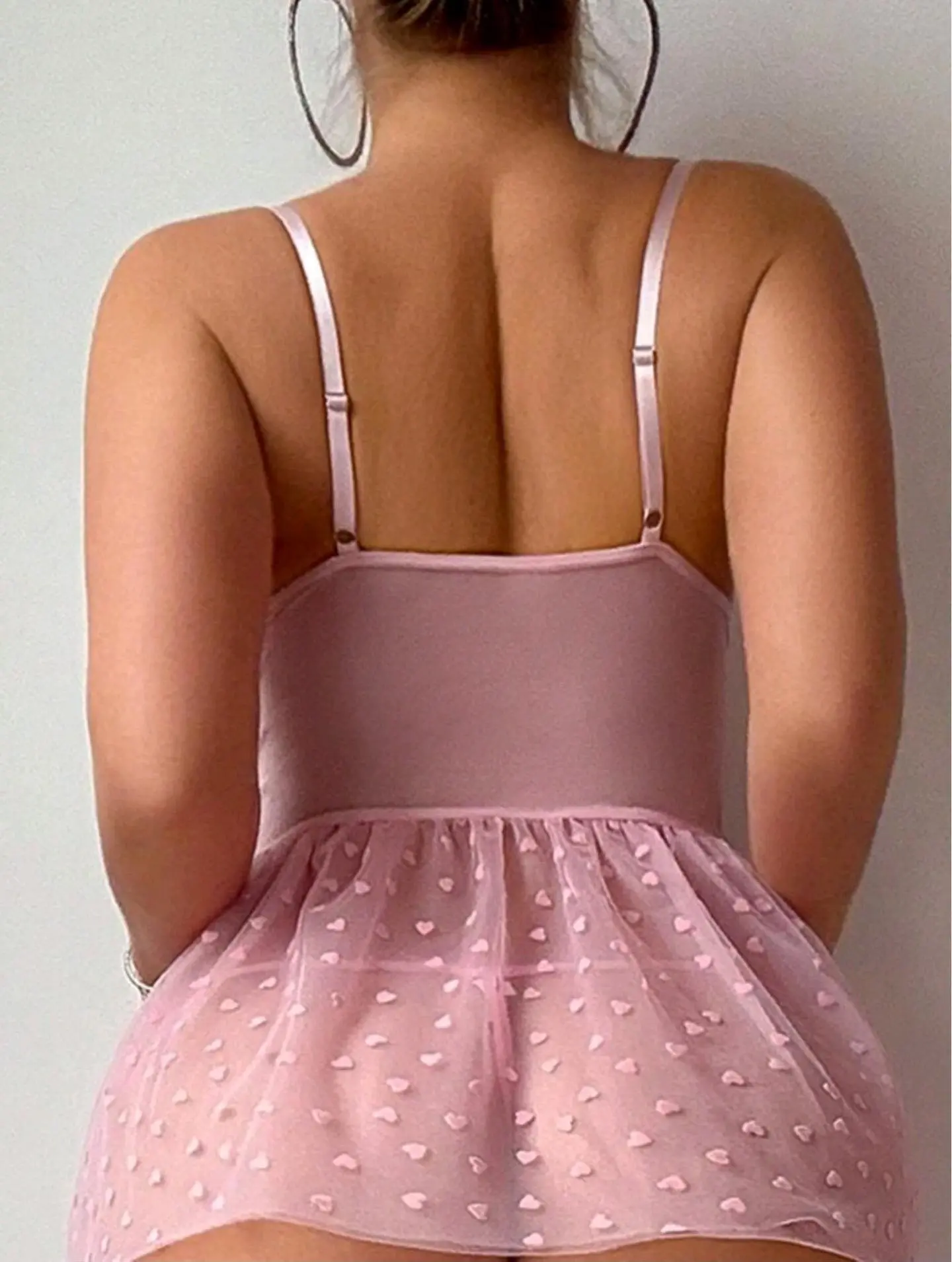 Sexy Women's Mesh Lingerie Set Sleeveless Heart Print Chemise and Thongs Stockings Exotic Nightwear