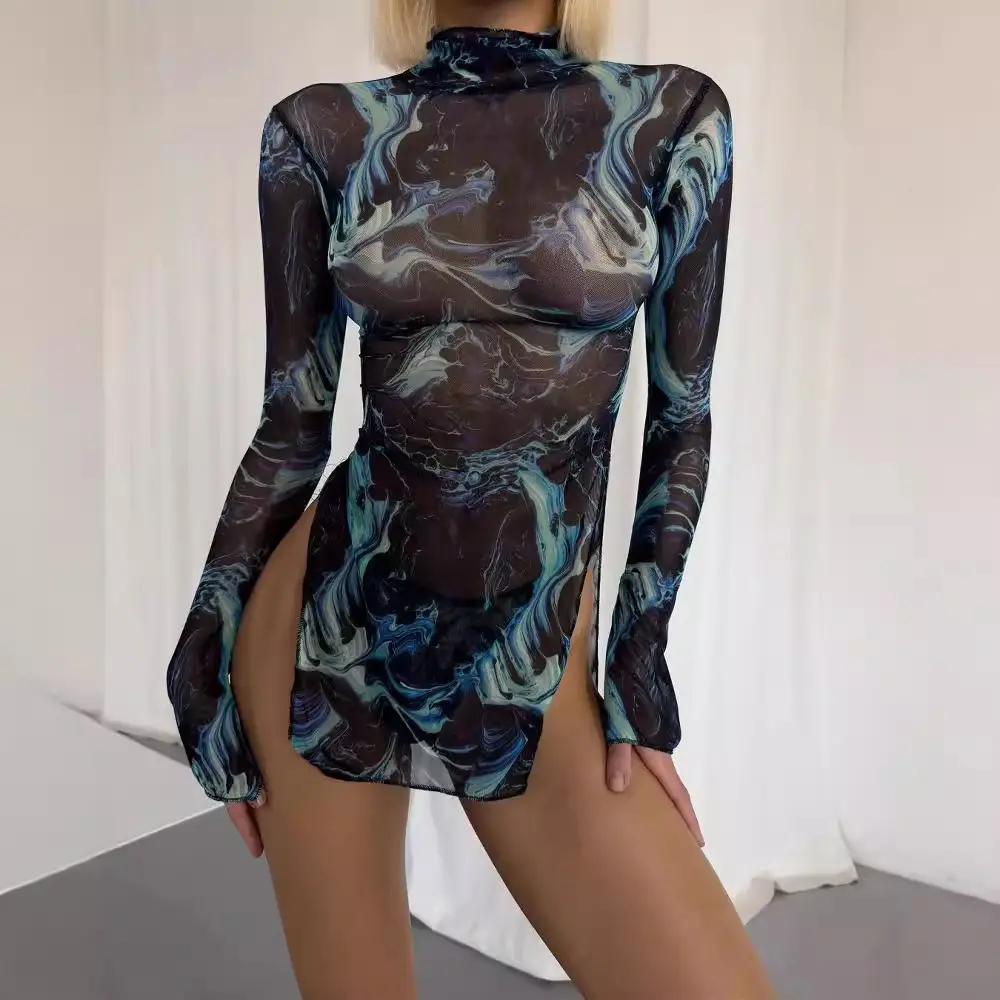 Women Tie-Dye Sheer Mesh Dress Sexy Ladies Slim Mock Neck Long Sleeve High Split Mini Dress with G-String Thongs