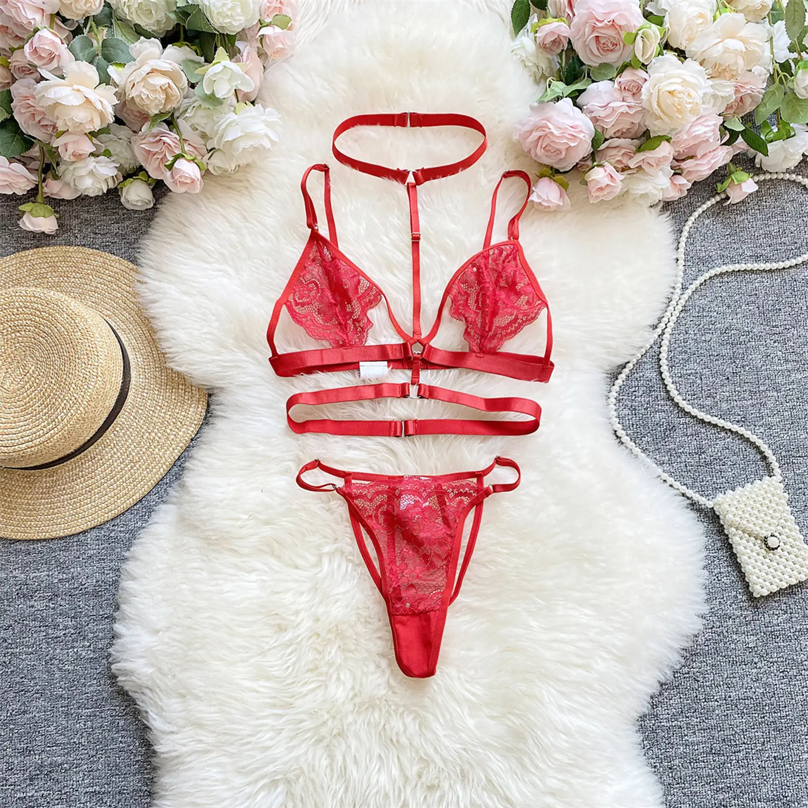 Sexy Women Teddy Lace Lingerie Set Sheer Cutout Bra with Collar and Thong Set for Naughty Babydoll Sleepwear