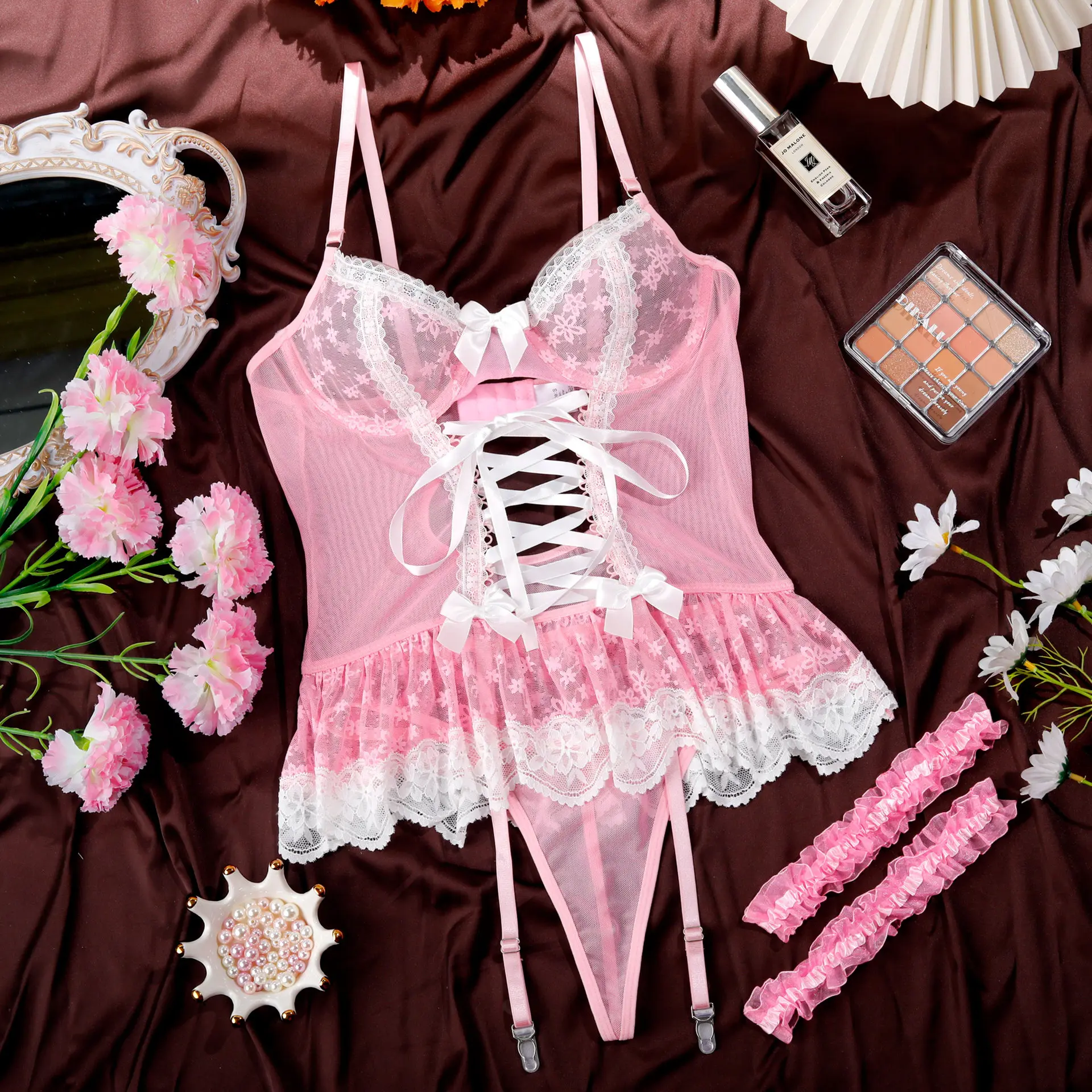 Women Sexy Lingerie Set Bows See-through Lace Camisole with Briefs Leg Rings Night Suit Exotic Sets