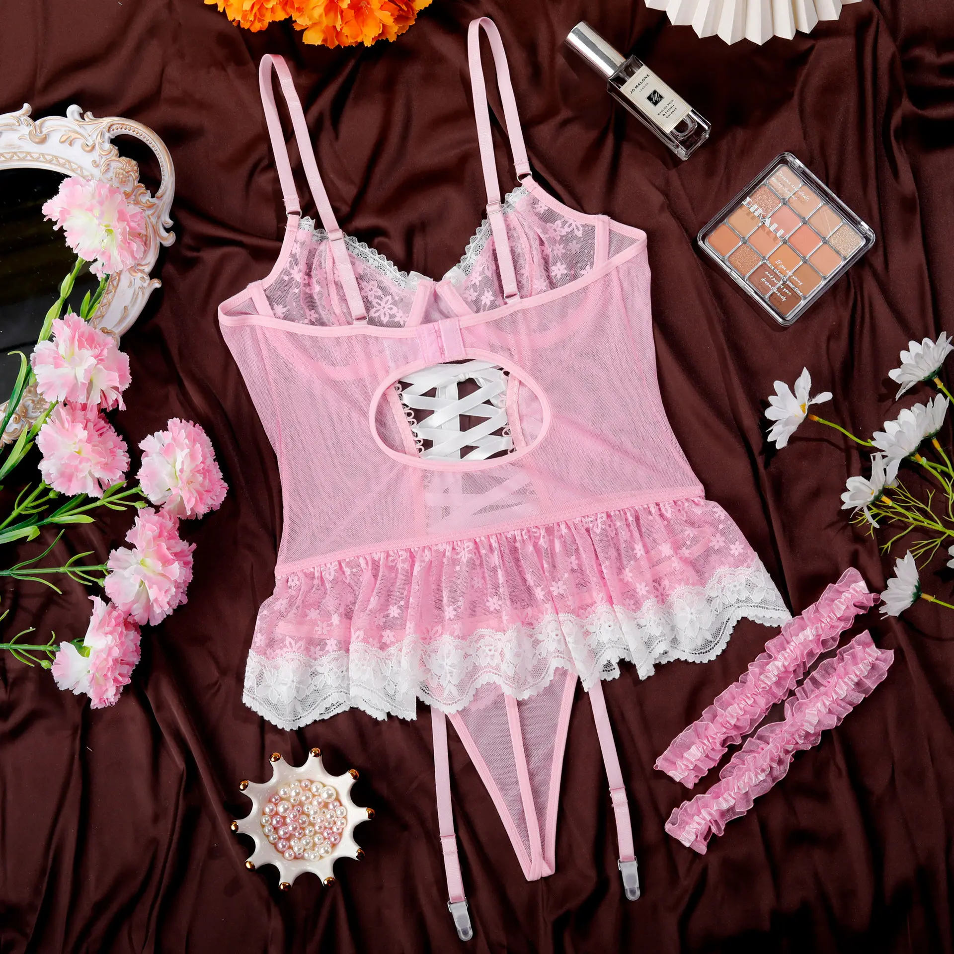 Women Sexy Lingerie Set Bows See-through Lace Camisole with Briefs Leg Rings Night Suit Exotic Sets