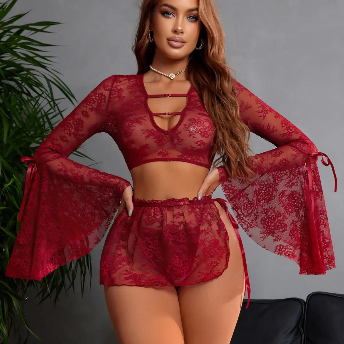 Women Teddy Lingerie Set Sheer Lace Flared Sleeves Tops and Elastic Thong Tie up Skirt Set for Babydoll Sleepwear
