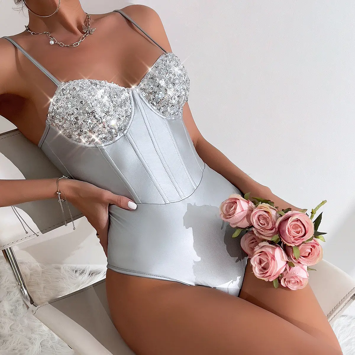 Sexy Women's Slim Sleeveless Bodycon Bodysuit Sparkly Sequin Spaghetti Strap Triangle Romper Leotard Tops Party Clubwear