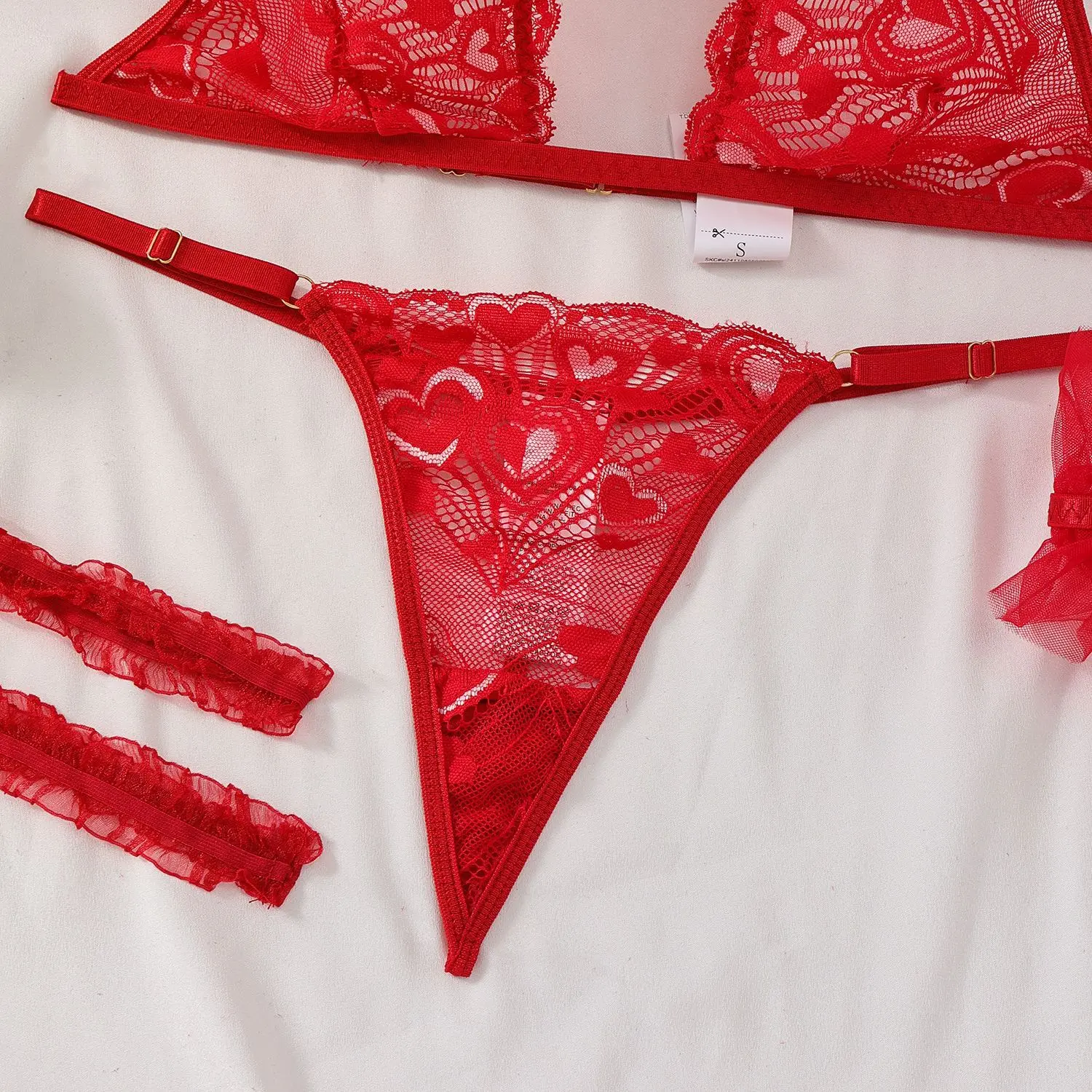 Women's Lace Lingerie Set Sleeveless Halter Bra and G-String Thongs Set with Wrist Cufss Thigh Garter Straps Sexy Exotic Apparel